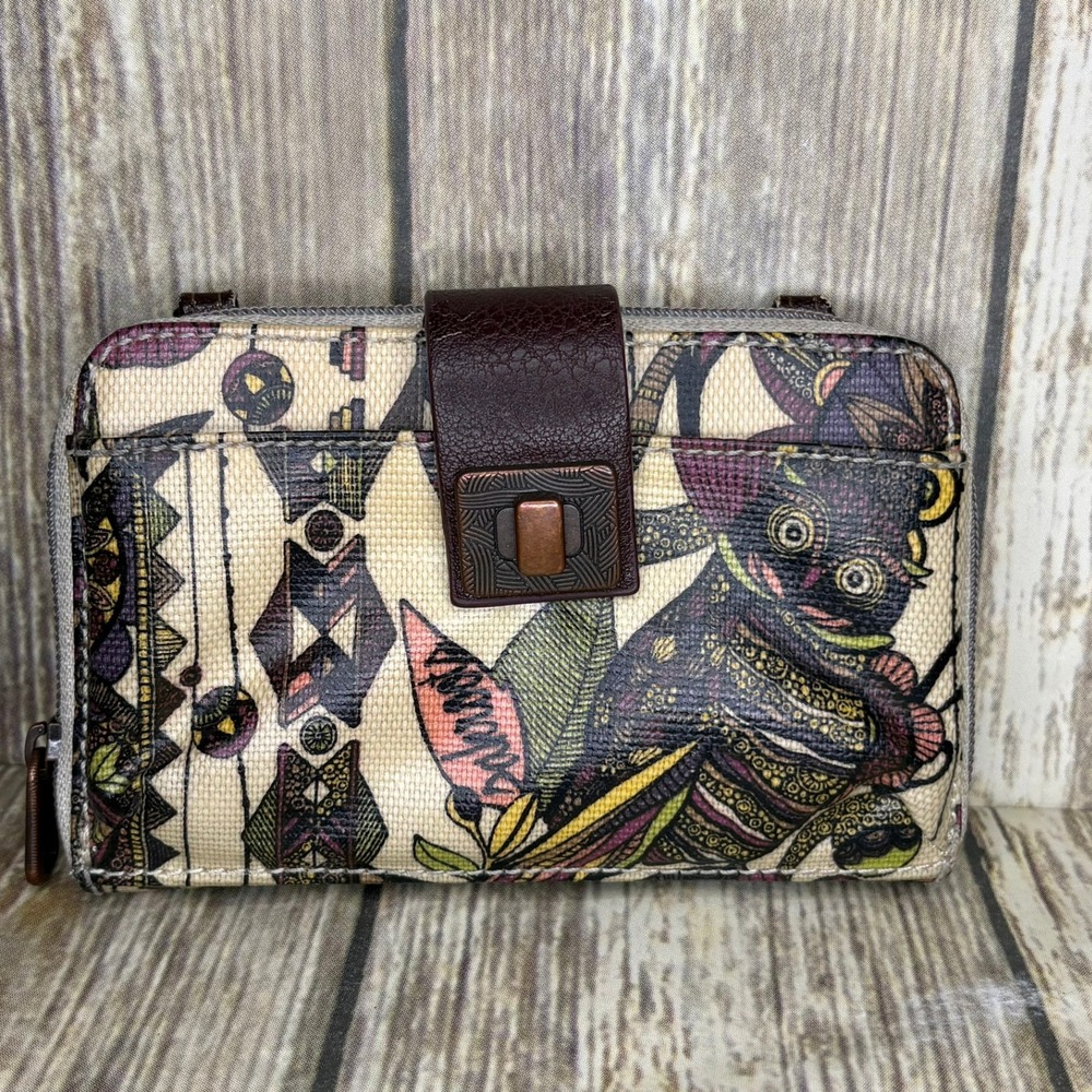 Sakroots Coated Canvas Boho Colorful‎ Artsy Owl Zip Around Wristlet Wallet